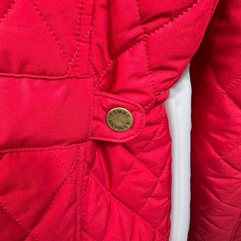 Tommy Hilfiger Womens Quilted Jacket L Red Diamond Snap Preppy Equestrian Urban